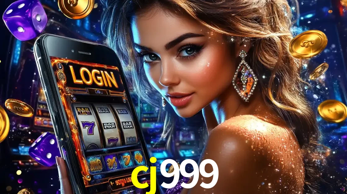 Mulher glamorosa segurando um smartphone com a tela de login para os jogos de caça-níqueis do cassino online cj999, com moedas de ouro e dados ao redor.
